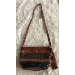 Vintage Sharif 80's Leather Crossbody Purse Mixed  Colors Tassel Earth Tones